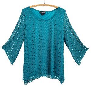 Teal Crochet Overlay Sweater By Frazzle Size Large Bell Sleeve Whimsical Fairy